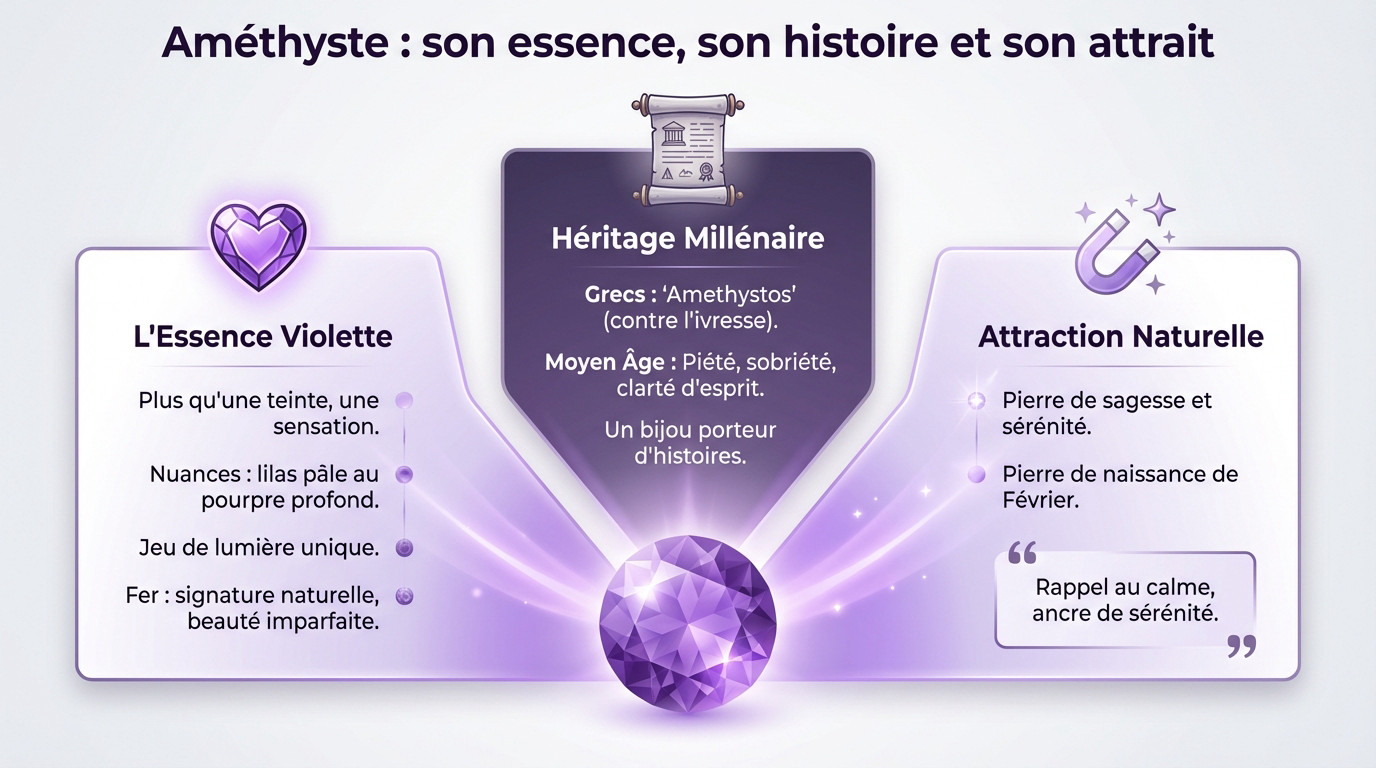 Bijoux en améthyste montrant des nuances violettes profondes et des reflets cristallins