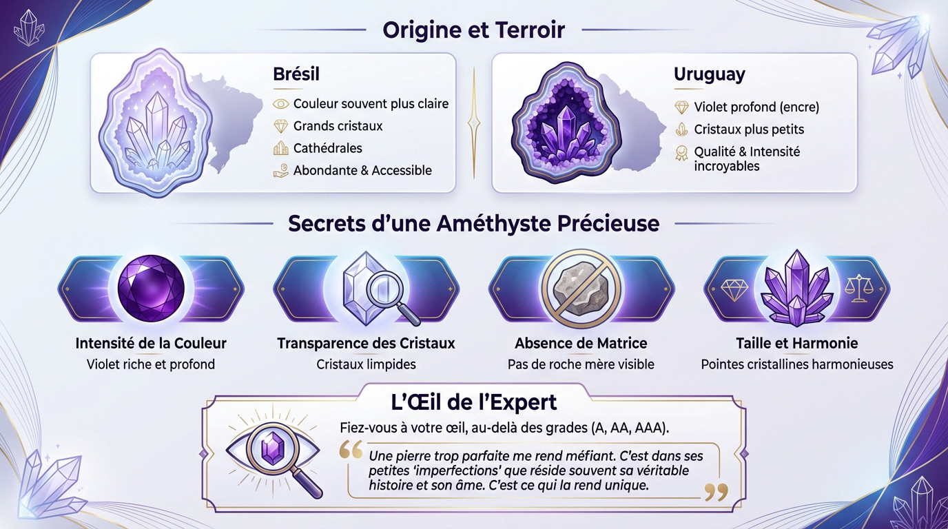 Géode d'améthyste ouverte révélant des cristaux violets profonds et scintillants